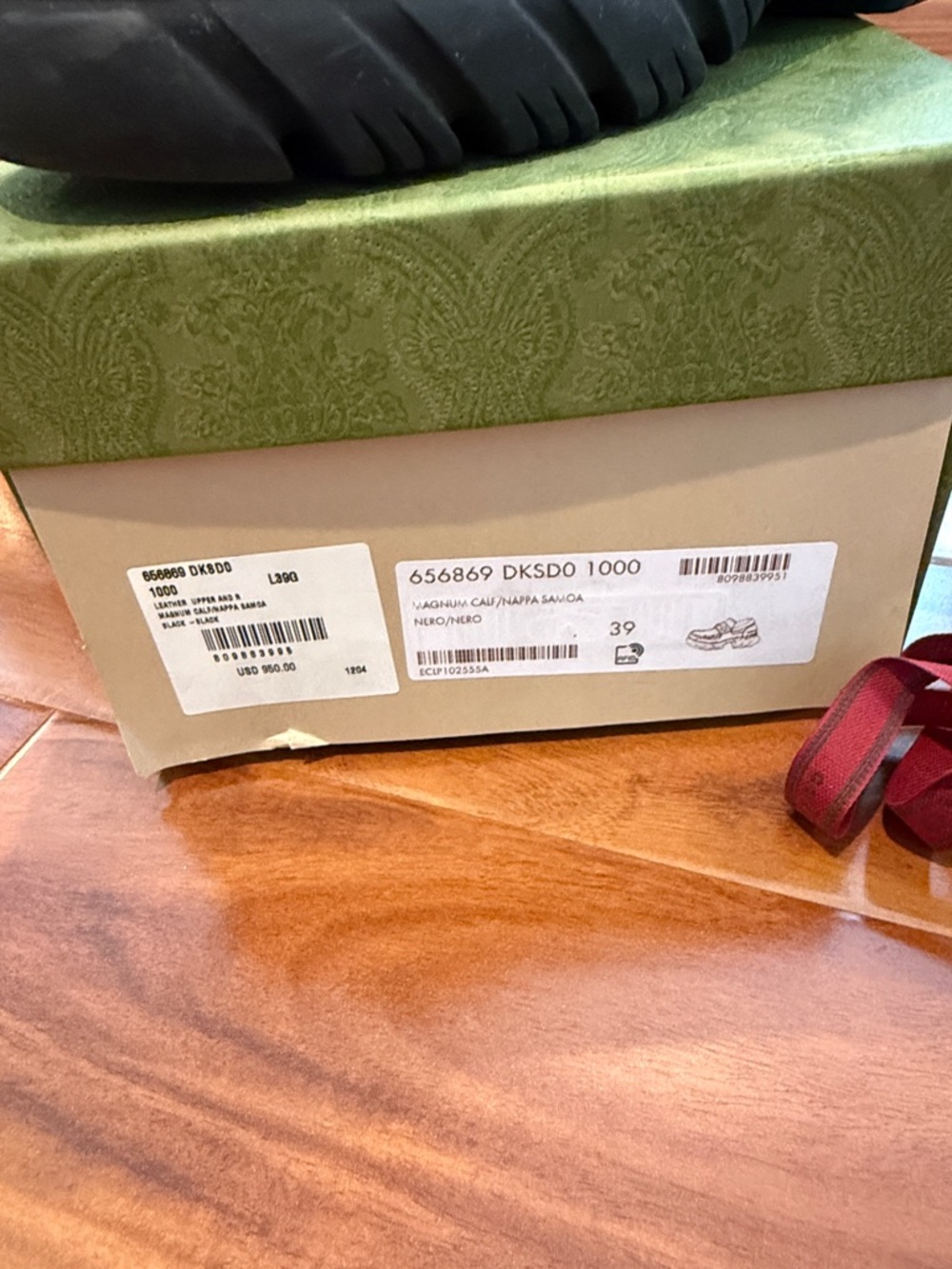 Gucci Black Rubber Sole Shoe with Red Strap Accent